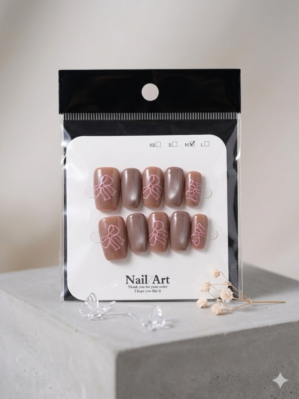 Neutral Pink Press-On Nails with Pink Floral Accent